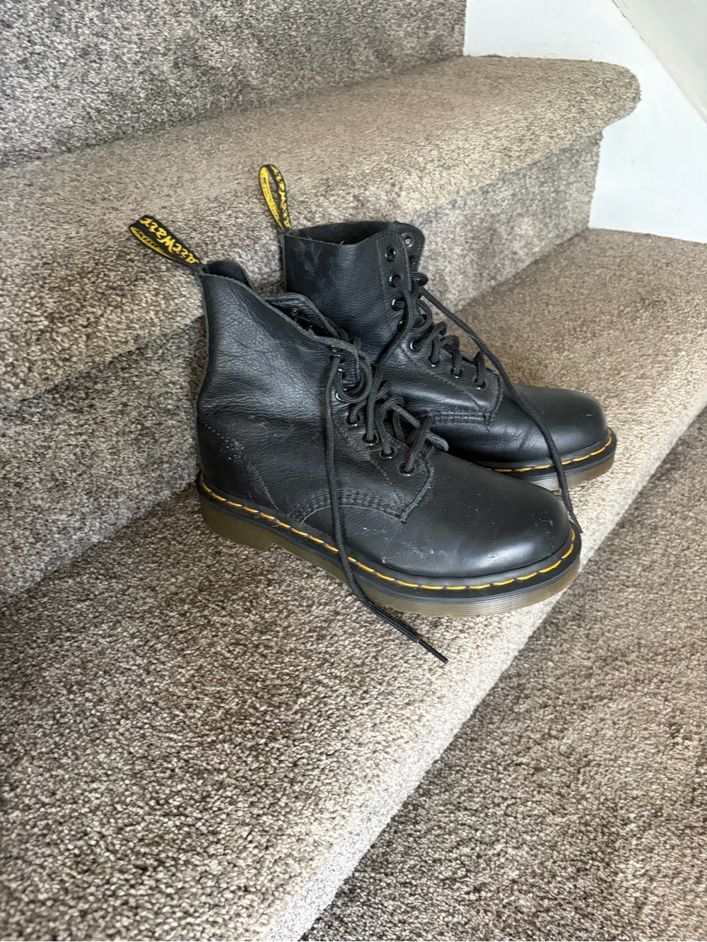 Dr. Martens Black Leather Lace-Up Boots with Yellow Stitching